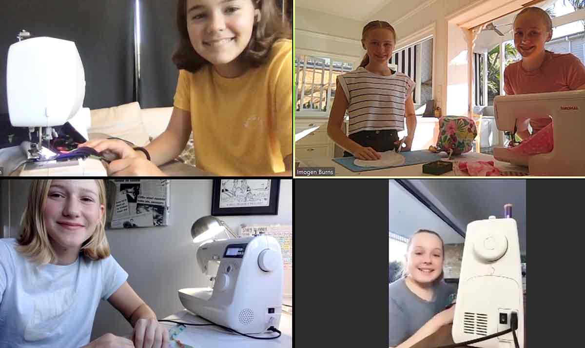 students sewing together via zoom