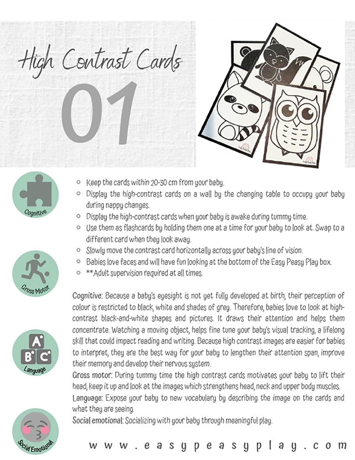 High contrast cards for meaningful play