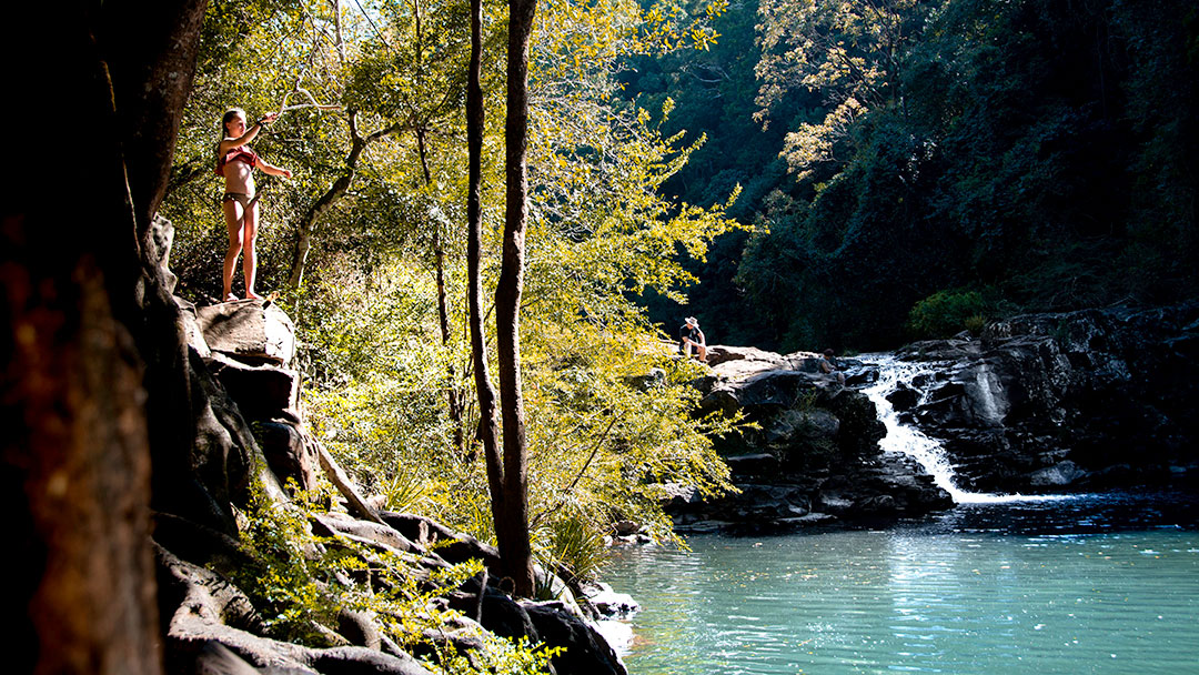 Family enjoying a swim at a waterfall and natural swimming hole on the Sunshine Coast