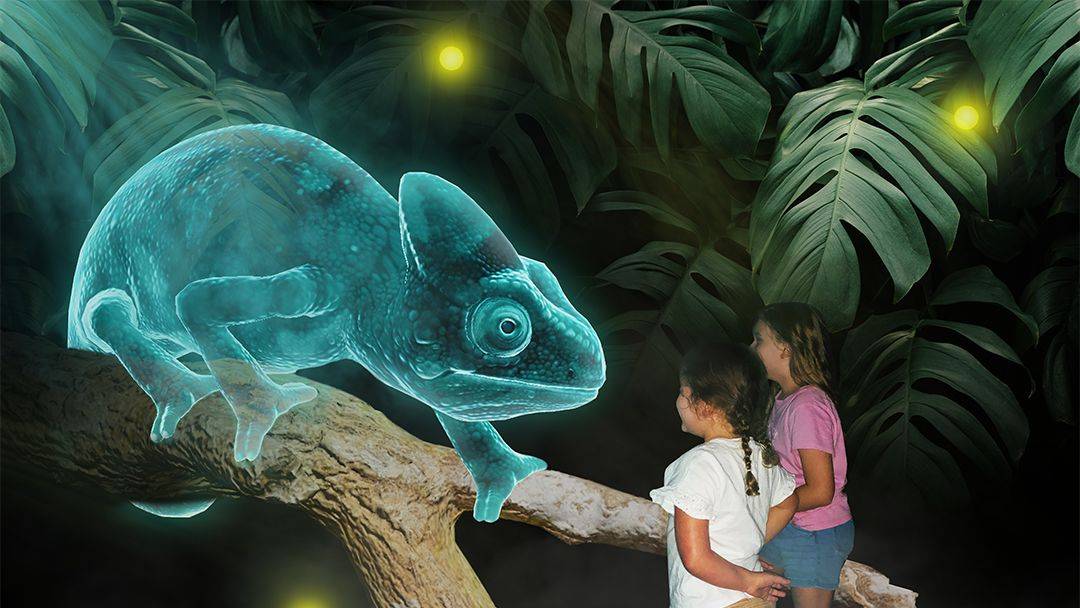 Child at Hologram Zoo Looking at Hologram Dinosaur