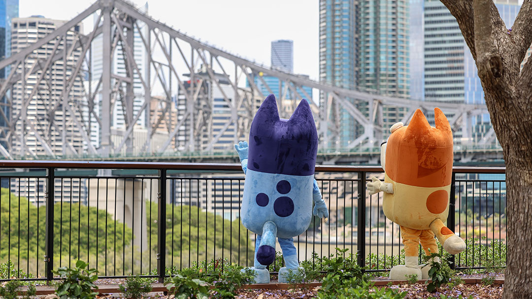 Bluey and Chilli Looking at the Story Bridge in Brisbane