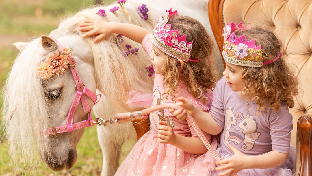 Girls Dressed Up As Princesses with a Pony at Sparkles Co Pony Parties Sunshine Coast