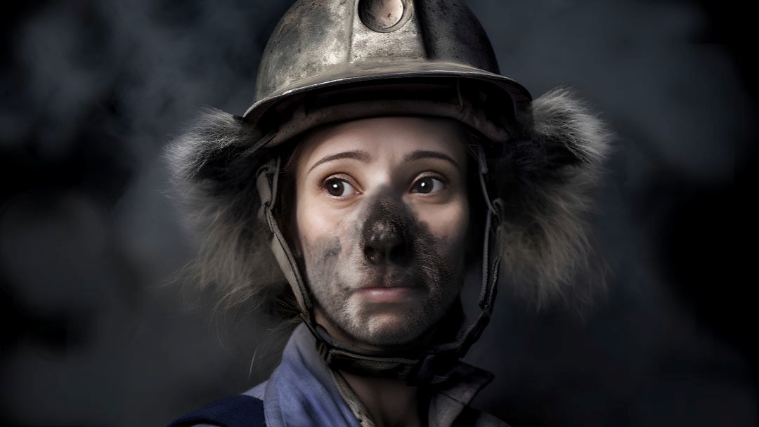 Close-up of a Person in a Dusty Mining Helmet with Soot on the Nose and Cheeks, Gazing to the Left Against a Dark Background.