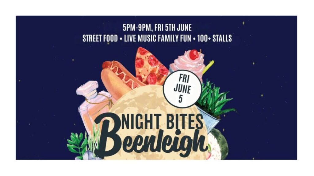Event Poster for Night Bites Beenleigh: Dark Blue Poster with a Large Moon and Colorful Street-food Illustrations (pizza, Hot Dog, Cupcake) and a Circular Badge Reading Fri June 5; Includes 5pm–9pm Text and 'street Food · Live Music · 100+ Stalls'