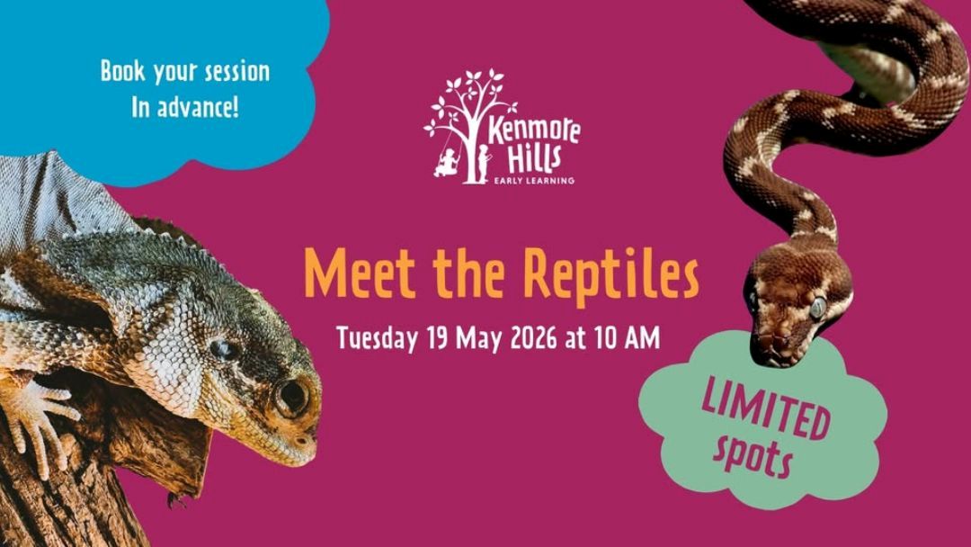 Poster advertising 'Meet the Reptiles' event at Kenmore Hills Early Learning: date/time May 19, 2026 at 10 AM, with 'Limited spots' note and booking prompt.