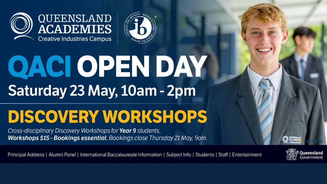 Open Day banner for QACI with date, time, and 'Discovery Workshops' text; smiling student in suit on the right.