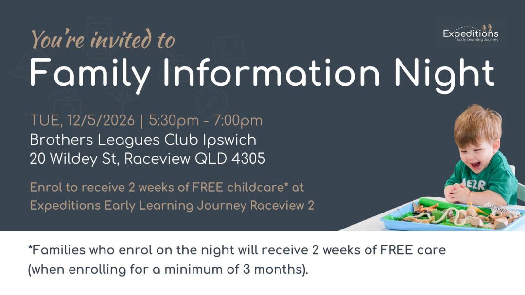 Invitation poster for Family Information Night with date, time, and venue on a dark blue background; a child plays with toys on the right.