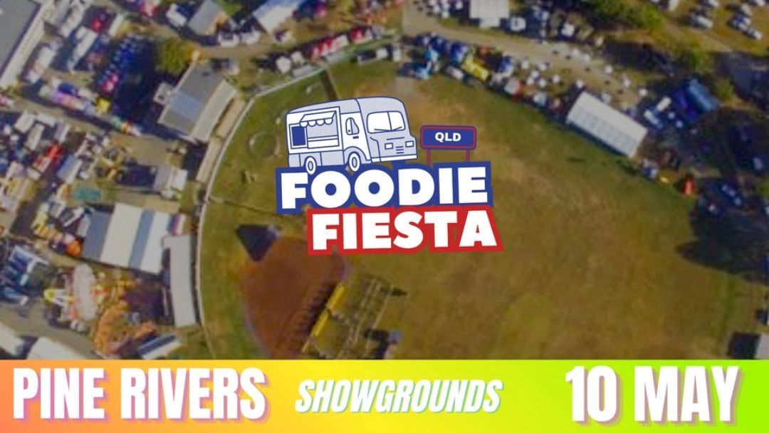 0505_foodiefiesta_pinerivers_hero | Kids in Brisbane, Gold Coast, Sunshine Coast | Kotc Aerial View of a Festival Ground with Colorful Tents and a Large 'foodie Fiesta' Logo over Pine Rivers Showgrounds, 10 May, Qld.