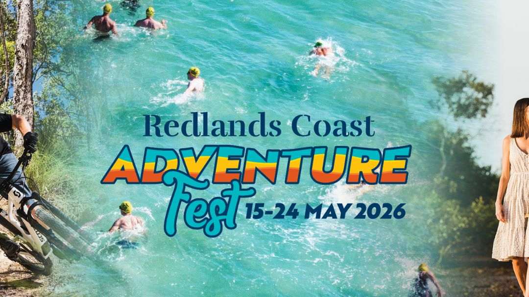 Poster for Redlands Coast Adventure Fest, May 15–24, 2026, with swimmers in turquoise water, a cyclist on the left, and a woman on the right.