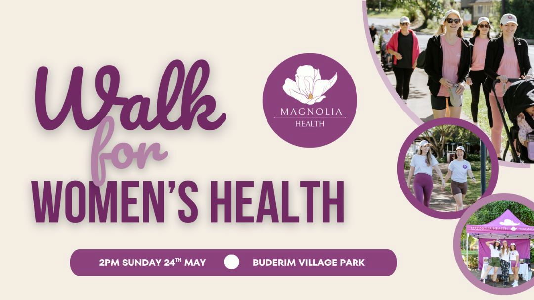 0507_magnoliahealth_womenswalk_hero | Kids in Brisbane, Gold Coast, Sunshine Coast | Kotc Banner for a 'walk for Women's Health' Event with Magnolia Health Logo; Shows People Walking in Purple Accents and Event Details at Buderim Village Park, 2 Pm Sunday 24 May.