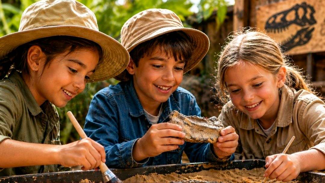 Three smiling kids wearing wide-brim hats look at a clay piece in a sandbox.