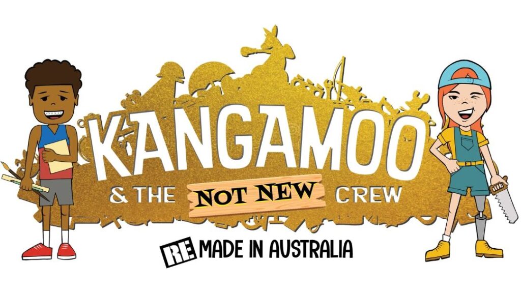 Logo Banner for 'kangamoo & the Not New Crew' with Two Cartoon Kids and Gold Silhouette Background, 'made in Australia' Text Below.