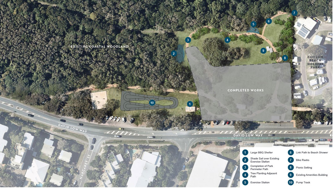 Lions-and-norrie-job-park-site-map | Kids in Brisbane, Gold Coast, Sunshine Coast | Kotc Aerial Map of a Coastal Park Showing the Completed Works Area, Trees, Exercise Stations, and a Pump Track Along David Low Way.