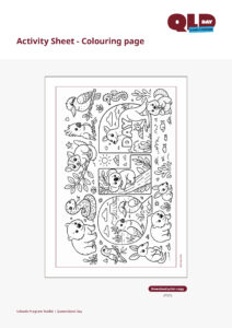 Qld-day-2026_schools_program_toolkit_final-11 | Kids in Brisbane, Gold Coast, Sunshine Coast | Kotc Coloring-page Illustration with Various Animals Around a Central 'day' Panel, Designed for Kids to Color.