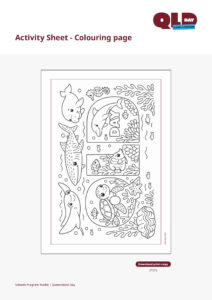 Qld-day-2026_schools_program_toolkit_final-12 | Kids in Brisbane, Gold Coast, Sunshine Coast | Kotc Coloring-page Illustration of an Underwater Scene with Dolphins, Fish, Turtle, and Coral Inside a Framed Area Titled Day.