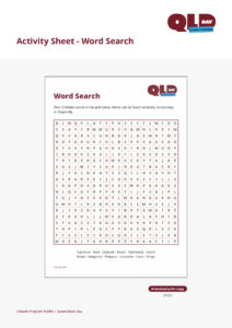 Qld-day-2026_schools_program_toolkit_final-9 | Kids in Brisbane, Gold Coast, Sunshine Coast | Kotc Activity Sheet Titled Word Search with a Large Letter Grid and Word List (qld Day 2026).