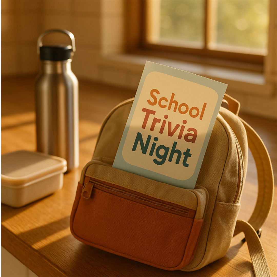 School-printing-2 | Kids in Brisbane, Gold Coast, Sunshine Coast | Kotc Tan Backpack on a Wooden Table with a Flyer Reading'School Trivia Night' tucked into the front pocket.