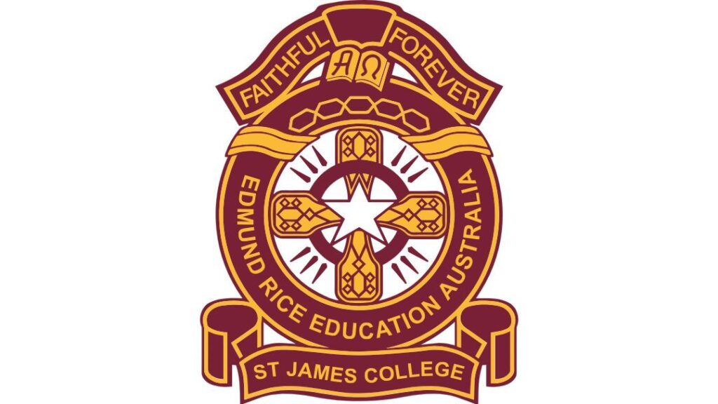 College Crest with a Cross and Circular Emblem, Reading 'edmund Rice Education Australia' and 'st James College' on Ribbons, Plus the Motto 'faith Full Forever' at the Top.