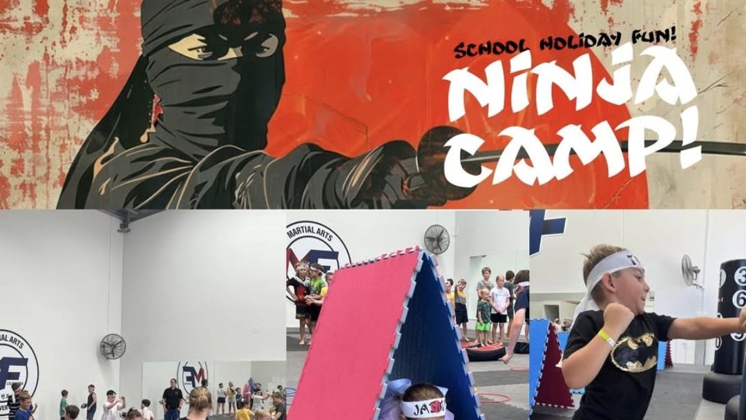 Banner reads NINJA CAMP! School holiday fun, as kids in a martial arts dojo practice around a pink-blue foam obstacle.