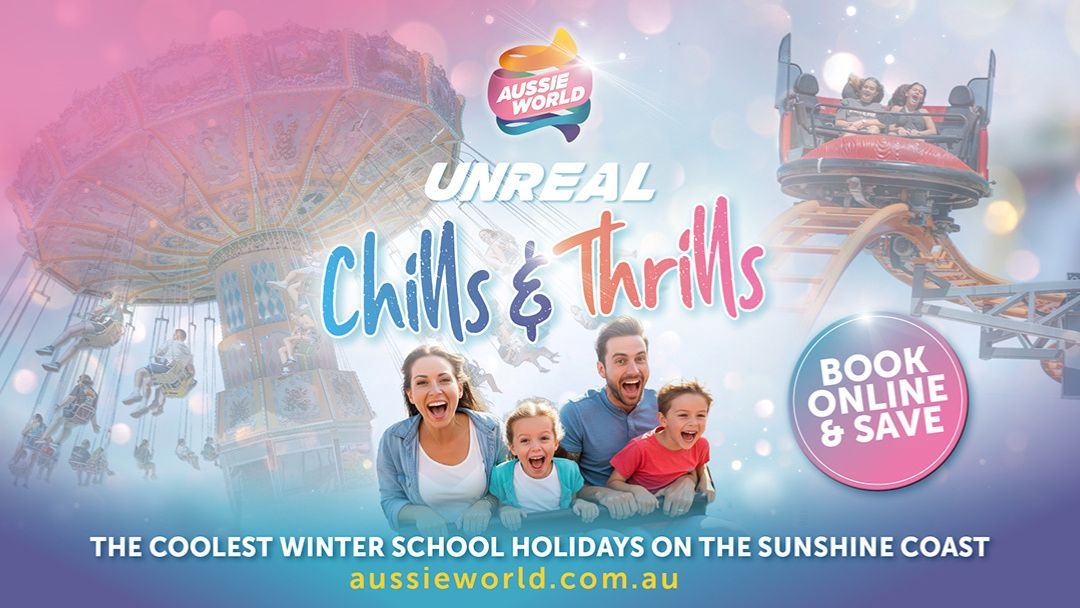 Bright, Colorful Aussie World Ad Showing a Family on a Thrill Ride with 'chills & Thrills' and 'book Online & Save' Callout.