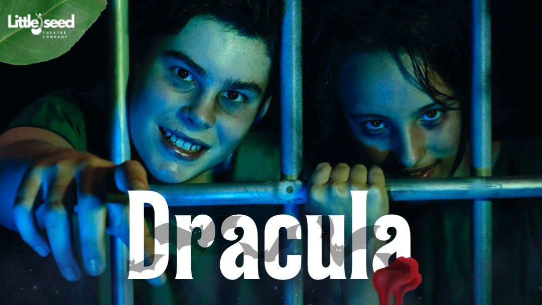 0609_littleseed_schoolholidays_secondary_hero | Kids in Brisbane, Gold Coast, Sunshine Coast | Kotc Two Kids Press Against Metal Bars in a Blue-lit Scene, with the Bold Word Dracula Across the Foreground.