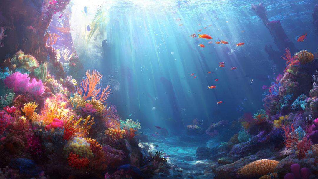 Underwater Coral Reef Bathed in Sunlight with Colorful Corals and Small Orange Fish Swimming Through the Scene.