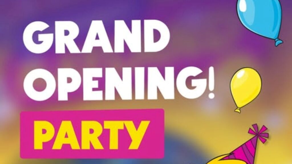 Bright Poster Announcing a Grand Opening Party with Large White Text, a Pink Banner Reading 'party', and Colorful Balloons in the Background.