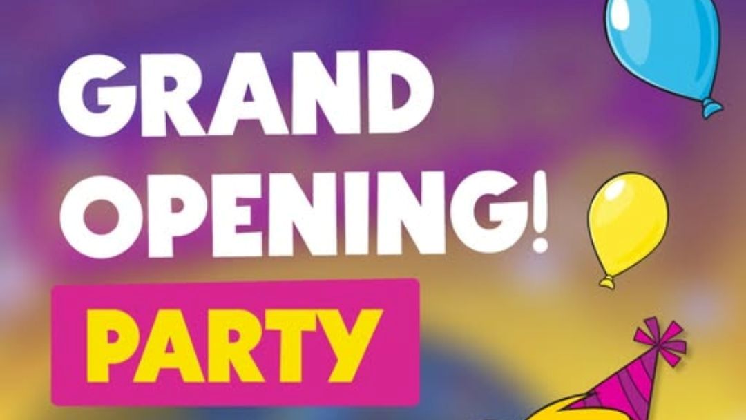 Bright Poster Announcing a Grand Opening Party with Large White Text, a Pink Banner Reading 'party', and Colorful Balloons in the Background.
