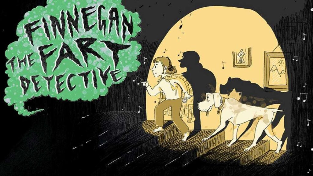 0616_theeventscentre_finnegan_hero | Kids in Brisbane, Gold Coast, Sunshine Coast | Kotc Cartoon Cover: 'finnigan the Fat Detective' Title in a Green Cloud, a Man Runs with a Dog Toward a Glowing Doorway As a Shadow Follows Behind.