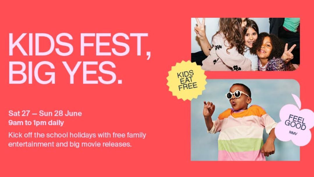 Promotional Poster for Kids Fest: Big Yes — June 27–28, 9am–1pm Daily, Free Family Entertainment and Big Movie Releases (kids Eat Free Badge).