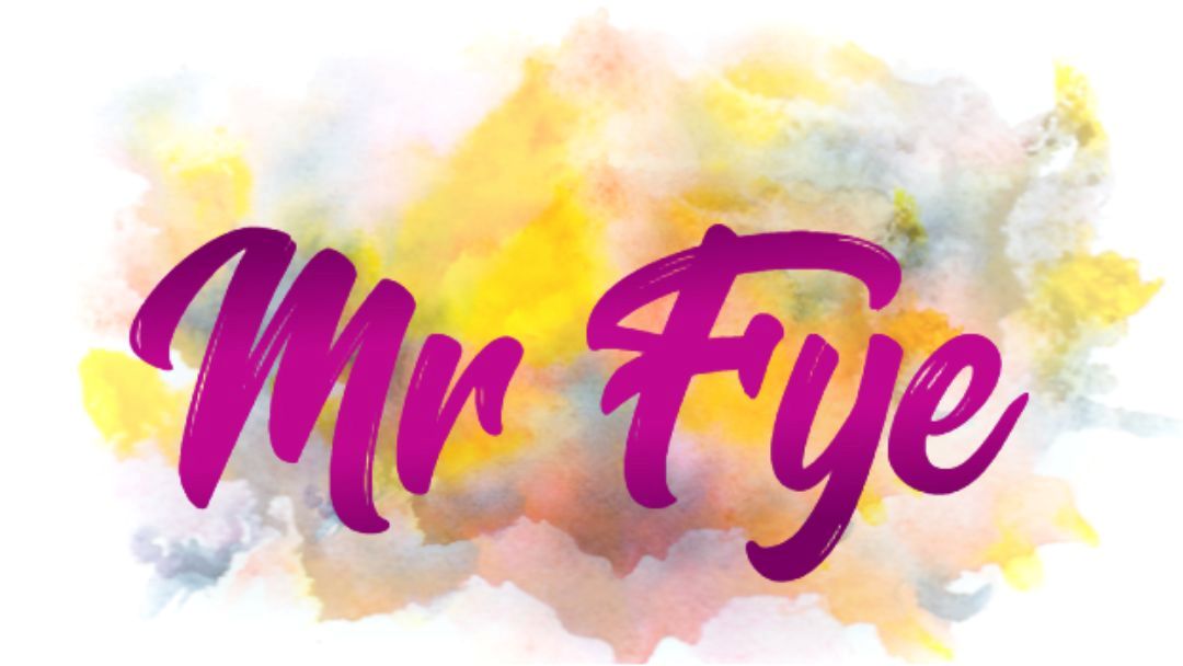 Mr Eye logo in purple script on pastel watercolor background.