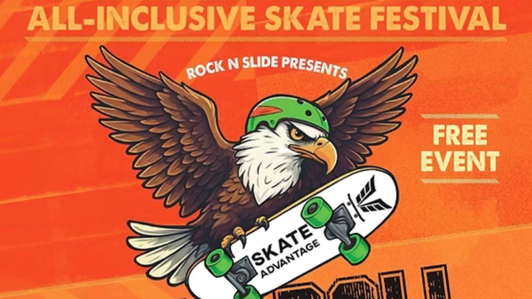 0629_justrollwithit_2026_hero | Kids in Brisbane, Gold Coast, Sunshine Coast | Kotc Poster for an All-inclusive Skate Festival Featuring a Fierce Eagle Riding a Skateboard; Free Event Poster Text Reads 'all-inclusive Skate Festival' and 'free Event'.