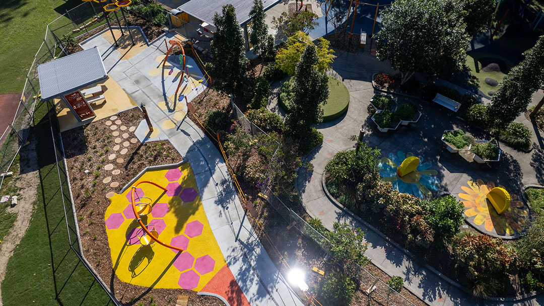Aerial View of the Upgraded All Abilities Playground at Leslie Patrick