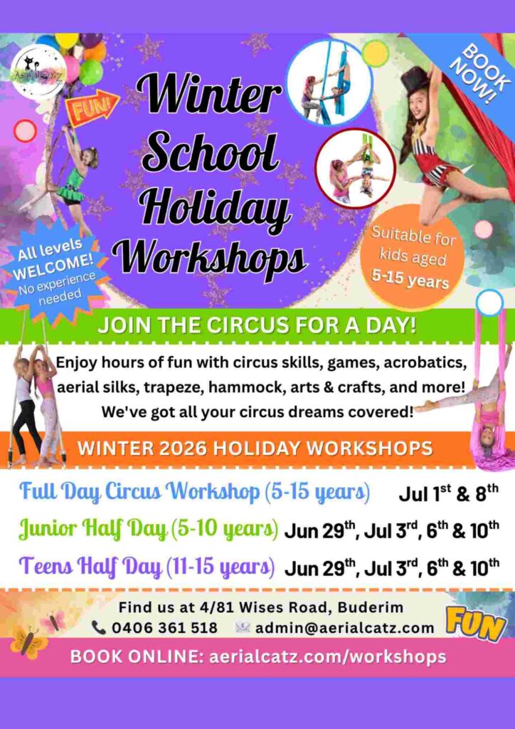 Copy of Aerialcatz Flyer - Winter 2026 Shgpdf | Kids in Brisbane, Gold Coast, Sunshine Coast | Kotc Aerialcatz Winter School Holiday Workshops