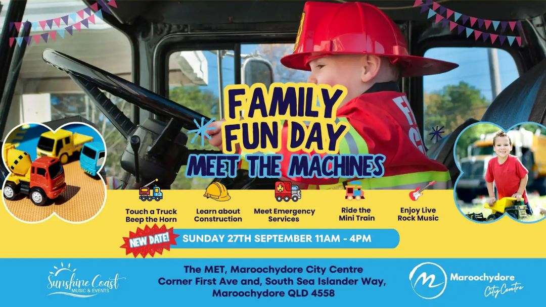 0701_meetthemachines_sept2026_hero | Kids in Brisbane, Gold Coast, Sunshine Coast | Kotc Banner for Family Fun Day: Child in a Red Hard Hat in a Truck Cab with the Title 'family Fun Day – Meet the Machines'