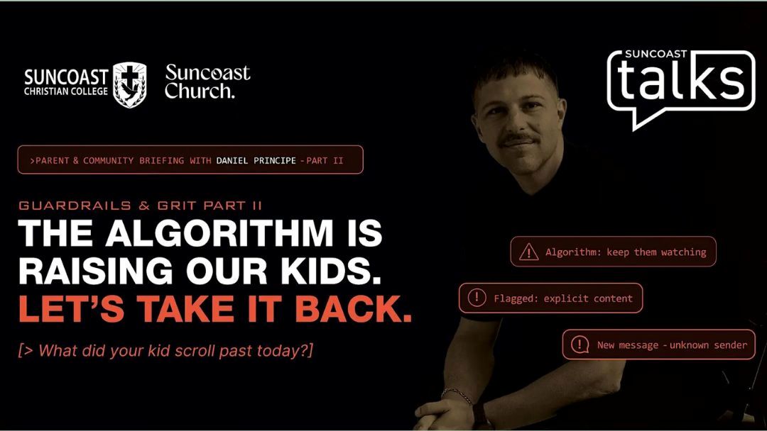 0722_suncoastchristian_suncoasttalks_hero | Kids in Brisbane, Gold Coast, Sunshine Coast | Kotc Promotional Banner for Suncoast Talks with Speaker Image on the Right and Bold Headline: "the Algorithm is Raising Our Kids. Let’s Take It Back." with Logos at the Top and Subheading Text on the Left.