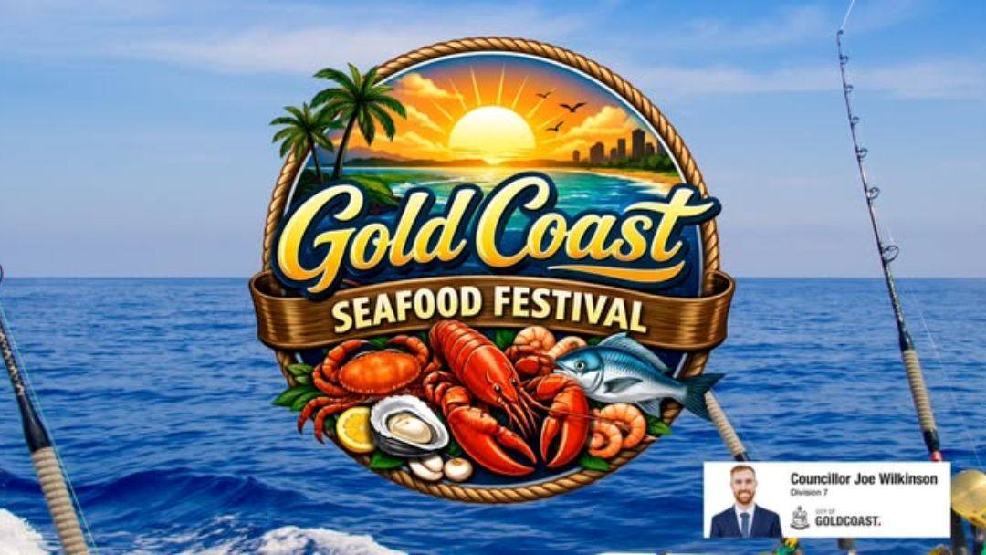 0728_goldcoastseafoodfestival_hero | Kids in Brisbane, Gold Coast, Sunshine Coast | Kotc Gold Coast Seafood Festival Logo with Sunset, Palm Trees and a Seafood Platter over the Sea Backdrop.