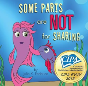 Book Cover with Two Cartoon Fish on a Blue Sea Background and the Title'Some Parts are NOT for SHARING'