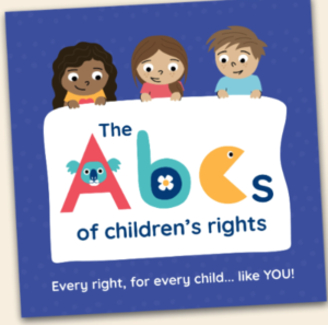 Three Children Hold Up a Banner Reading'The ABCs of children's rights' with colorful letters and a blue background.