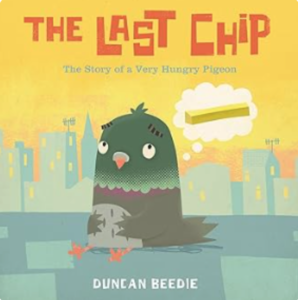 Book Cover for'The Last Chip': a cartoon pigeon floats on water, thinking about a chip; city skyline in the background.
