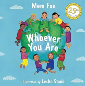 Children of Diverse Backgrounds Encircle a Globe, Holding Hands Around the Earth on the Cover of'Whoever You Are' by Mem Fox.