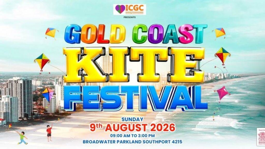 Poster for Gold Coast Kite Festival at Broadwater Parkland Southport, Colorful Title and Kites over a Beach Skyline
