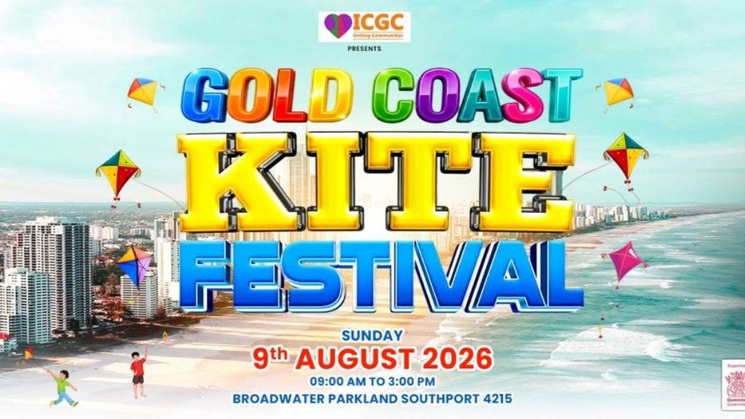 Poster for Gold Coast Kite Festival at Broadwater Parkland Southport, Colorful Title and Kites over a Beach Skyline