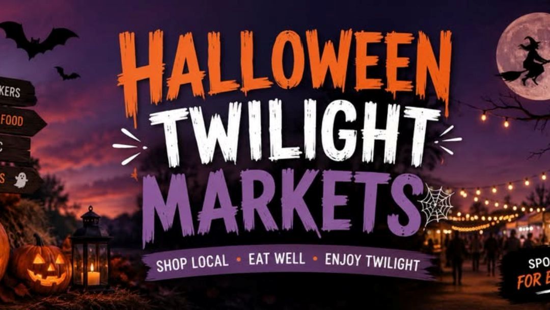 Poster for Halloween Twilight Markets at dusk with orange and purple typography, pumpkins, lanterns, and string lights.