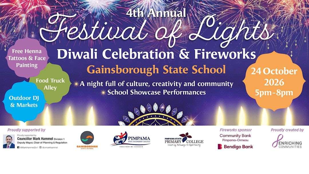 Poster for the 4th Annual Festival of Lights Diwali Celebration at Gainsborough State School on 24 October 2026, 5–8pm, with Fireworks and Activities Nearby Promises a Night of Culture and Community.