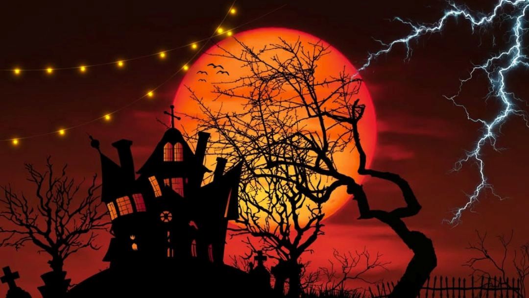 0818_harcourts_halloween-hero | Kids in Brisbane, Gold Coast, Sunshine Coast | Kotc Spooky Halloween Scene: Silhouette of a Crooked Haunted House Under a Crimson Moon with Bare Trees, String Lights, and Lightning Bolts.