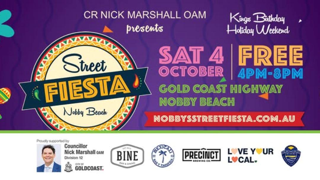 Colorful Poster for Street Fiesta at Nobby Beach on Gold Coast Highway, Saturday Oct 4, 4–8 Pm (free Entry).