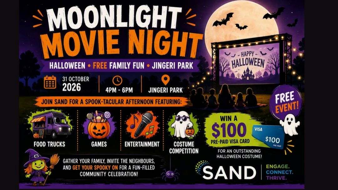 0818_shorelineassociation_halloweenmovienight_hero | Kids in Brisbane, Gold Coast, Sunshine Coast | Kotc Poster for Moonlight Movie Night: Halloween Family Event at Jingeri Park with 4–6pm Time and Date October 31, 2026; Features Food Trucks, Games, Entertainment and Costume Contest; Free Event Banner.