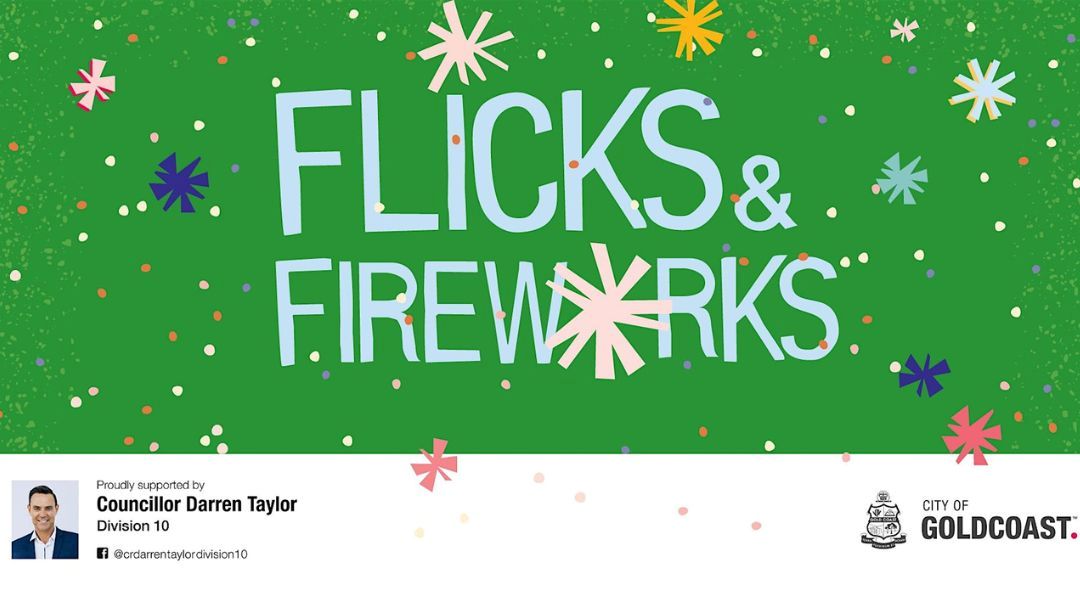 0819_cityofgoldcoast_flicksfireworks_hero | Kids in Brisbane, Gold Coast, Sunshine Coast | Kotc Banner for 'flicks & Fireworks' Event with Green Confetti Background and Sponsor Info (gold Coast).