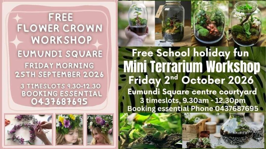 0821_iloveeumundi_schoolholidays_hero | Kids in Brisbane, Gold Coast, Sunshine Coast | Kotc Collage Promoting Two Events: Free Flower Crown Workshop and Mini Terrarium Workshop at Eumundi Square with Photos of Floral Crowns and Terrariums.